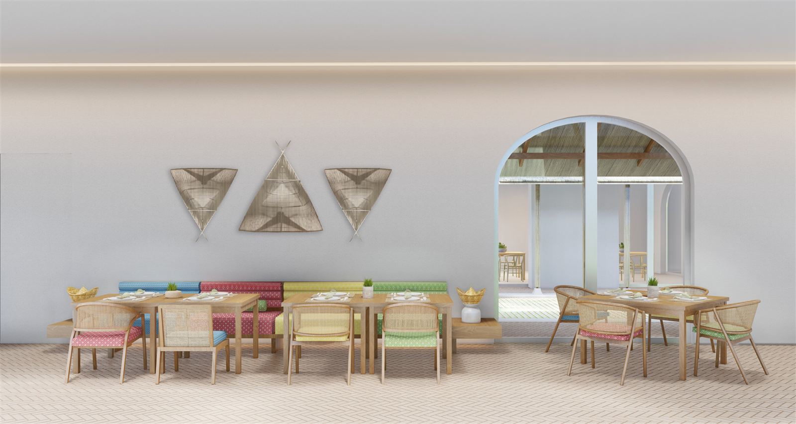 Dining room with colourful woven chairs