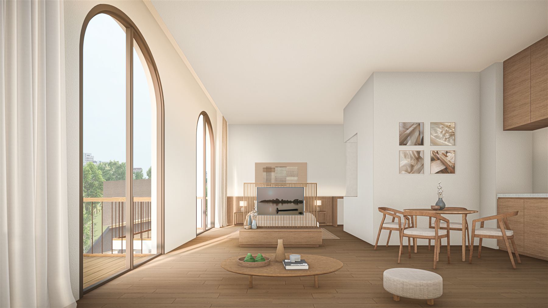 Family Room with tall arched windows and a living area